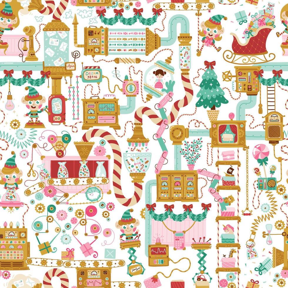 Christmas factory seamless pattern with elves packing gifts for children. Hand drawn cartoon illustration in retro style, fantasy mechanisms, tools, pipes. Isolate on a white background vector