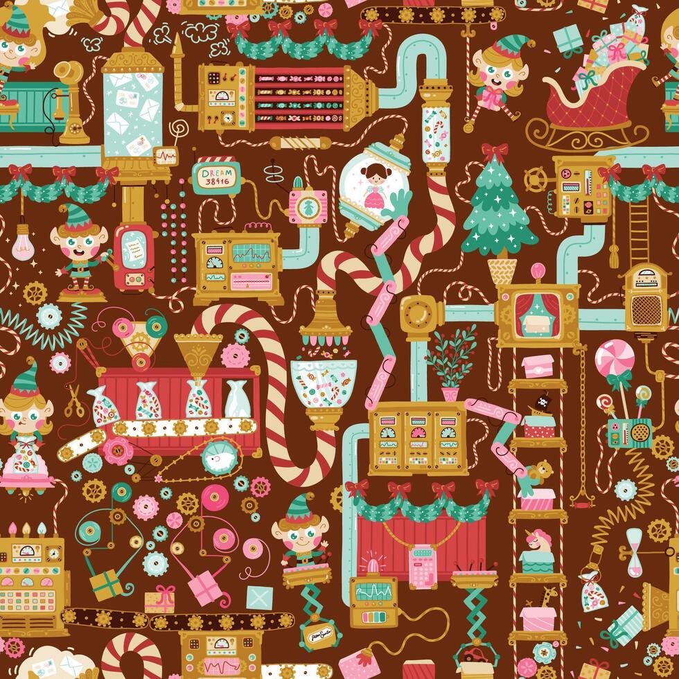 Christmas factory seamless pattern with elves packing gifts for children. Hand drawn cartoon illustration in retro style, fantasy mechanisms, tools, pipes. Chocolate background vector