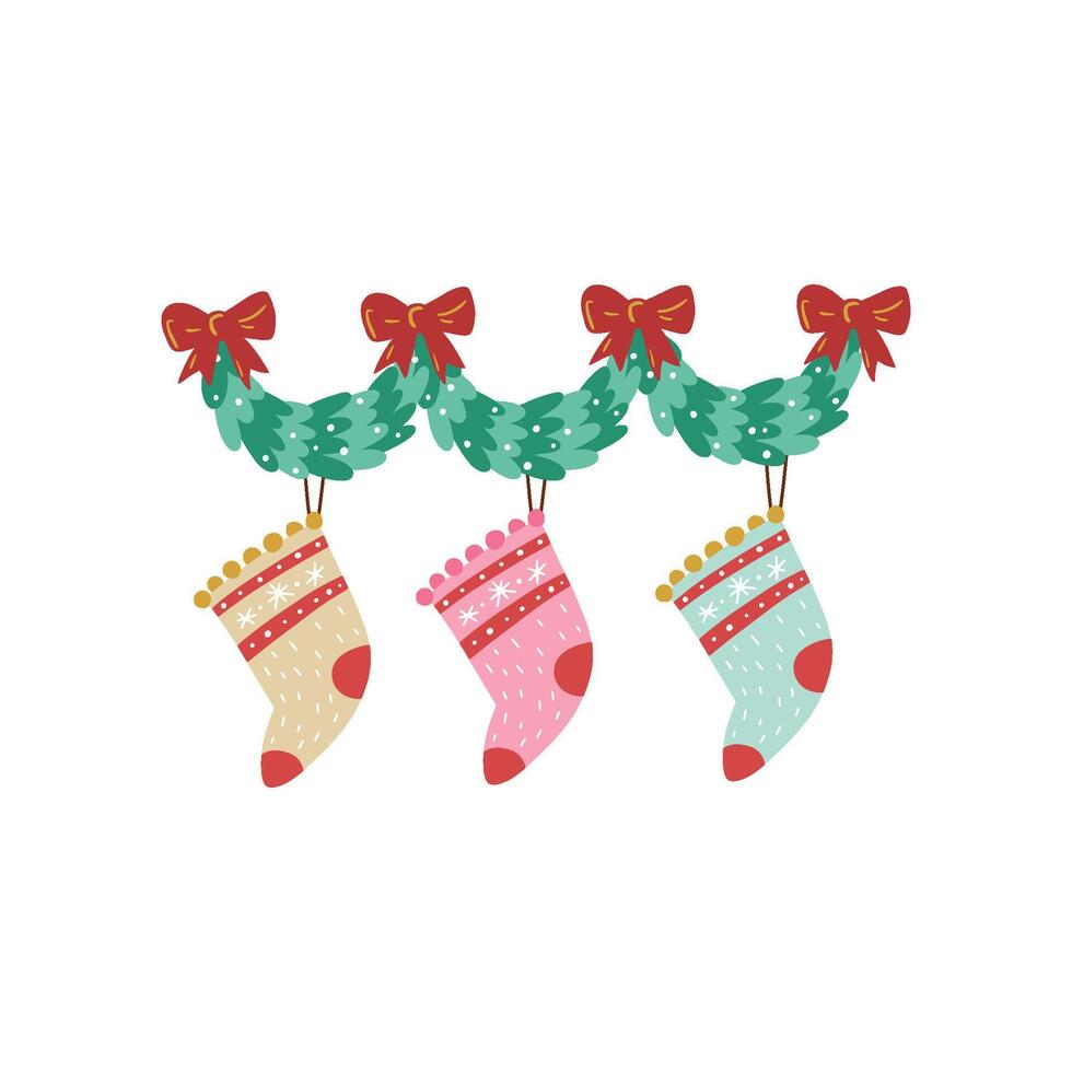 Christmas tree garland with red bows and colorful socks for candy and gifts. illustration in simple hand drawn childish cartoon style. Isolate on a white background vector
