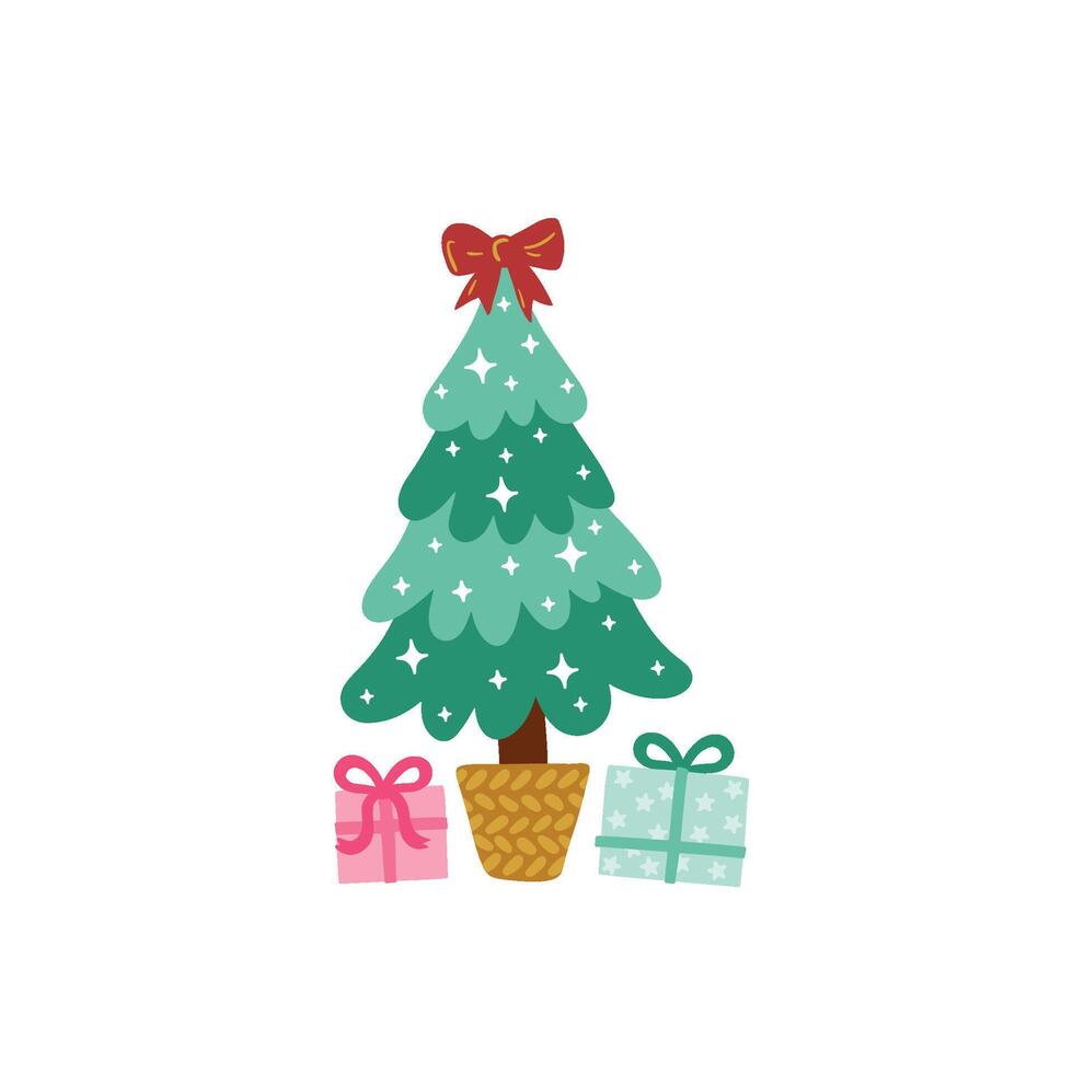 Christmas tree with red bow and colorful gift boxes. illustration in simple hand drawn childish doodle cartoon style. Isolate on a white background vector