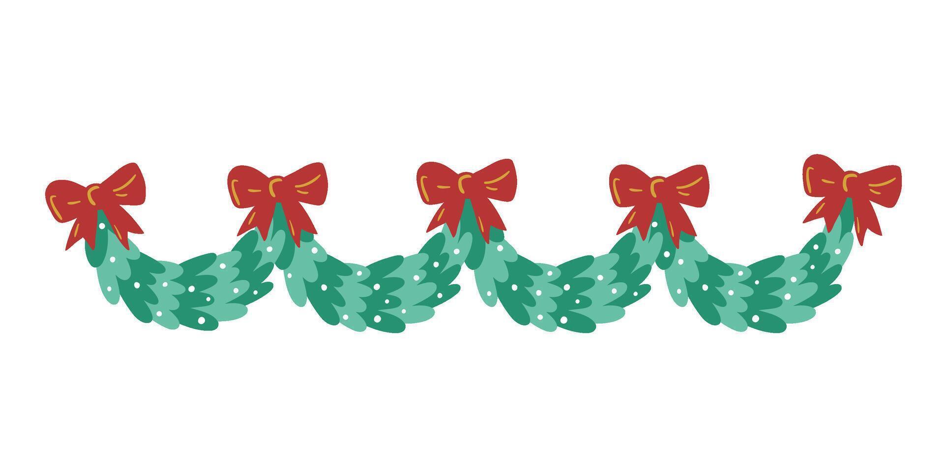Christmas tree garland with red bows. illustration in simple hand drawn childish cartoon style. Isolate on a white background vector