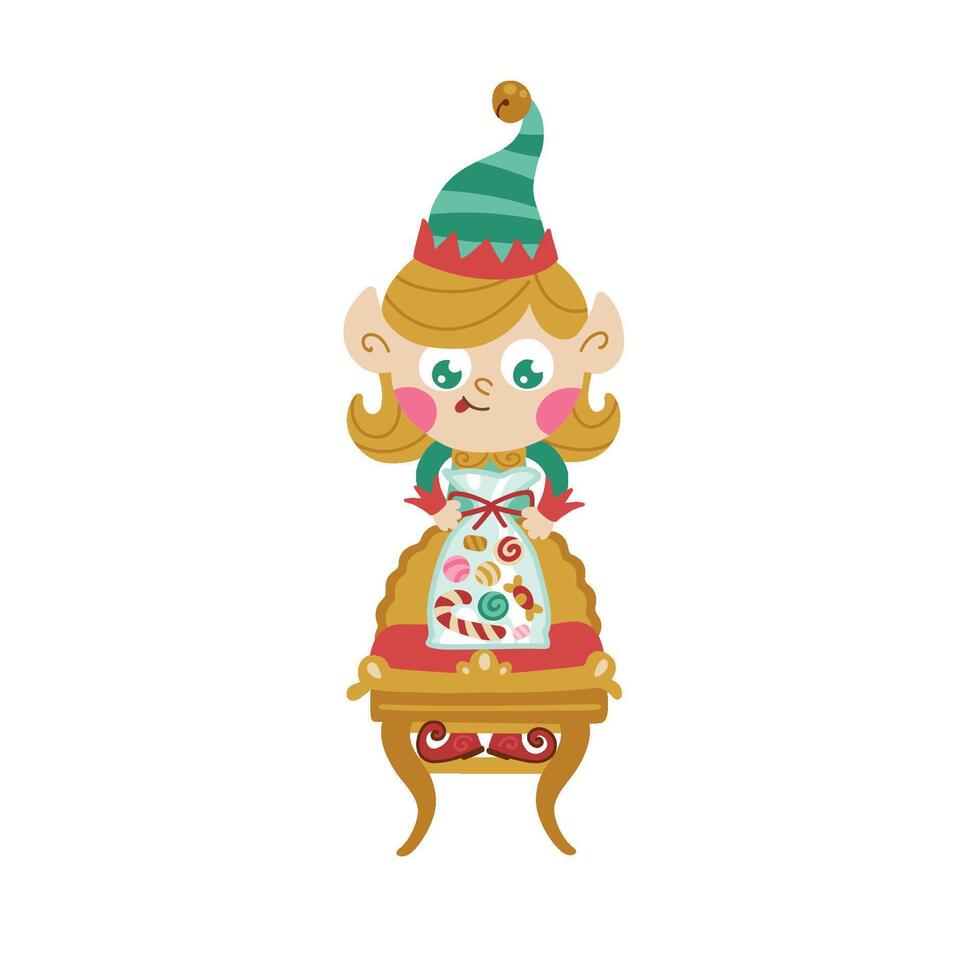 Elf girl Christmas character in a simple hand-drawn cartoon style. illustration fairy-tale hero working and collecting a sweet package of candies for children. Isolate on a white background vector