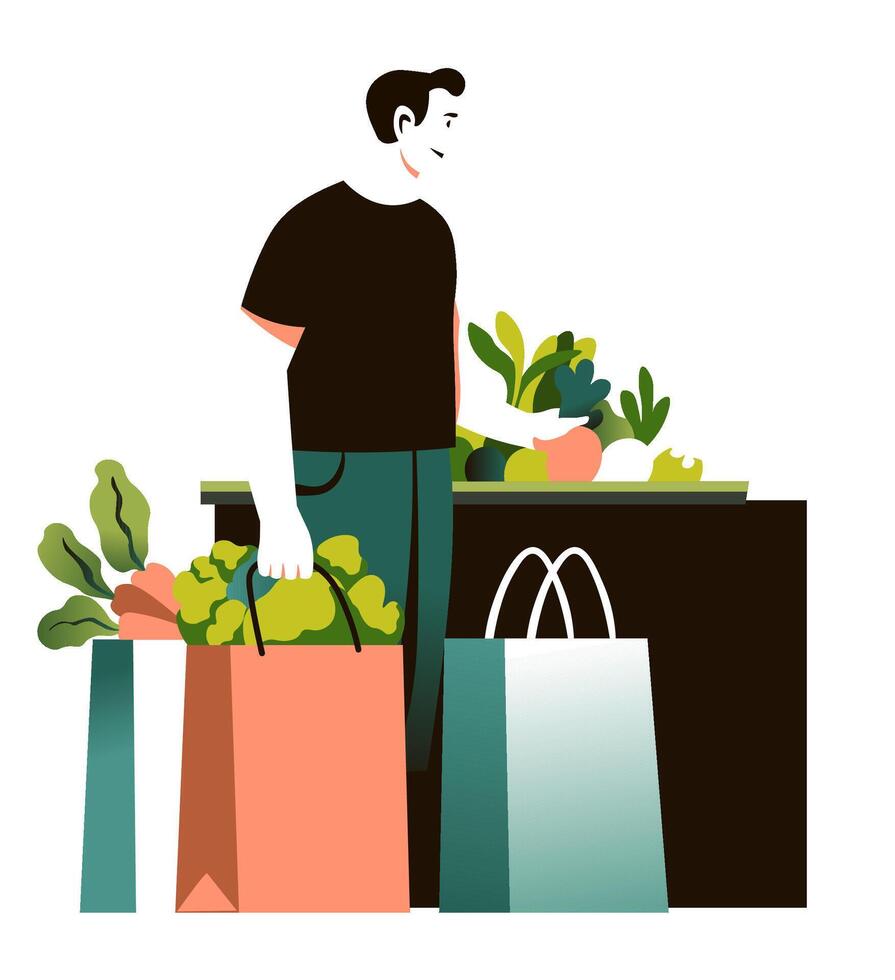 Man Grocery Shopping With Bags vector