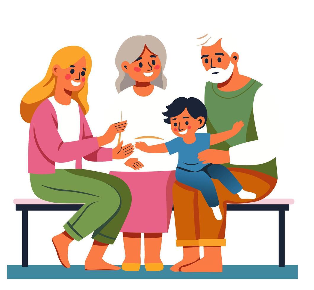 Happy family sitting on bench vector