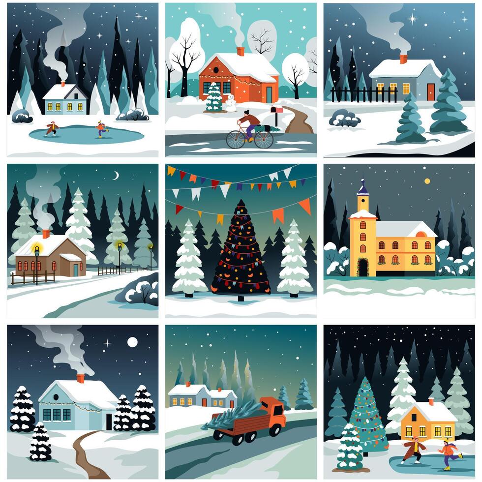 Winter holiday village scenes vector