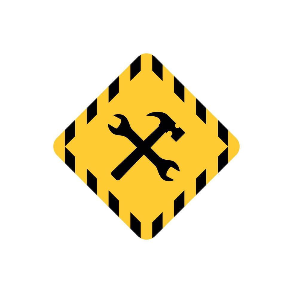 A yellow and black warning sign with a hammer and wrench vector