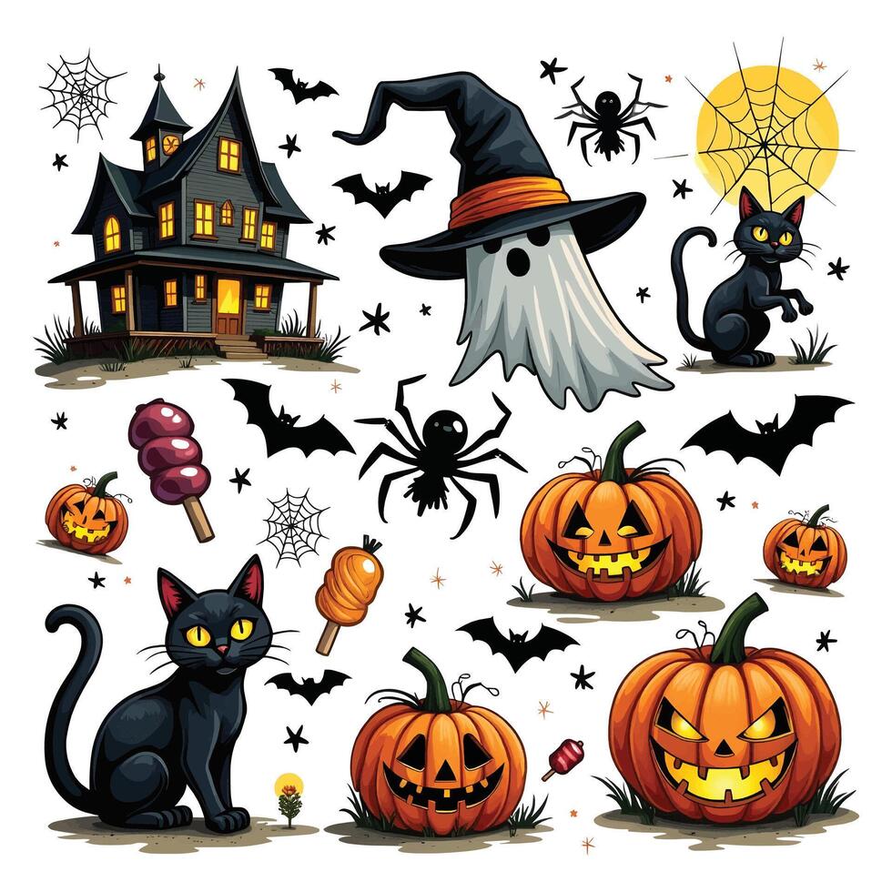 Halloween set of illustrations with black cat, pumpkin, witch, house and other items vector