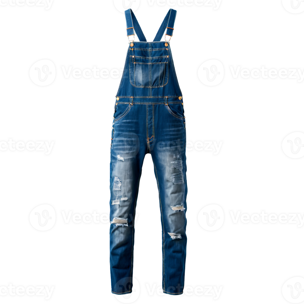 Trendy distressed denim overalls with adjustable straps and multiple pockets floating freely Mockup concept Final png