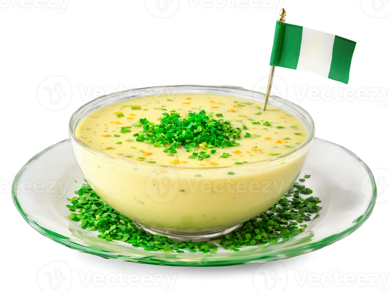 St Patrick s Day snacks potato leek soup and Irish flags served on a transparent png
