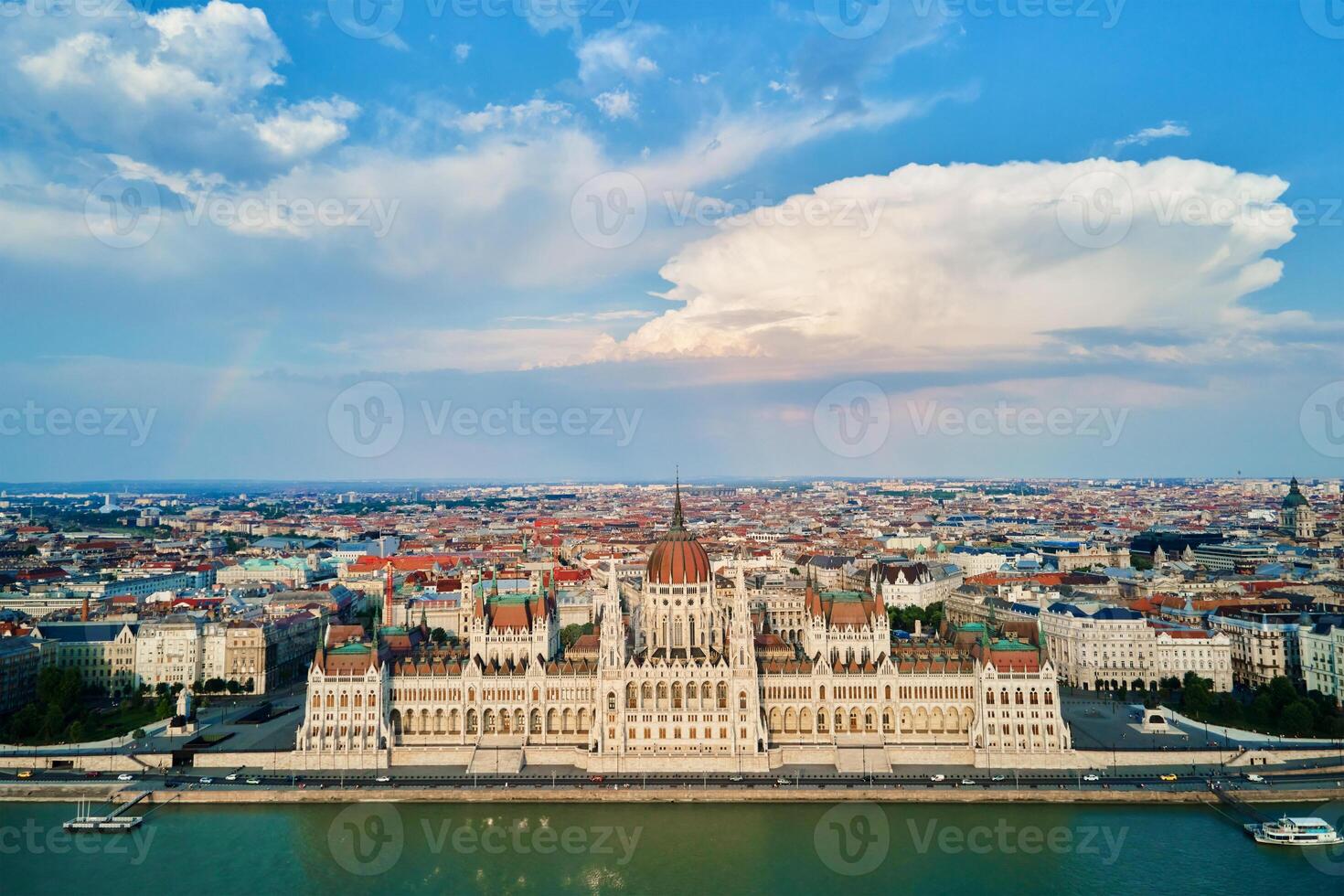 Aerial view of Hungarian Parliament building and Danube River. Historical architecture of Budapest, Hungary photo