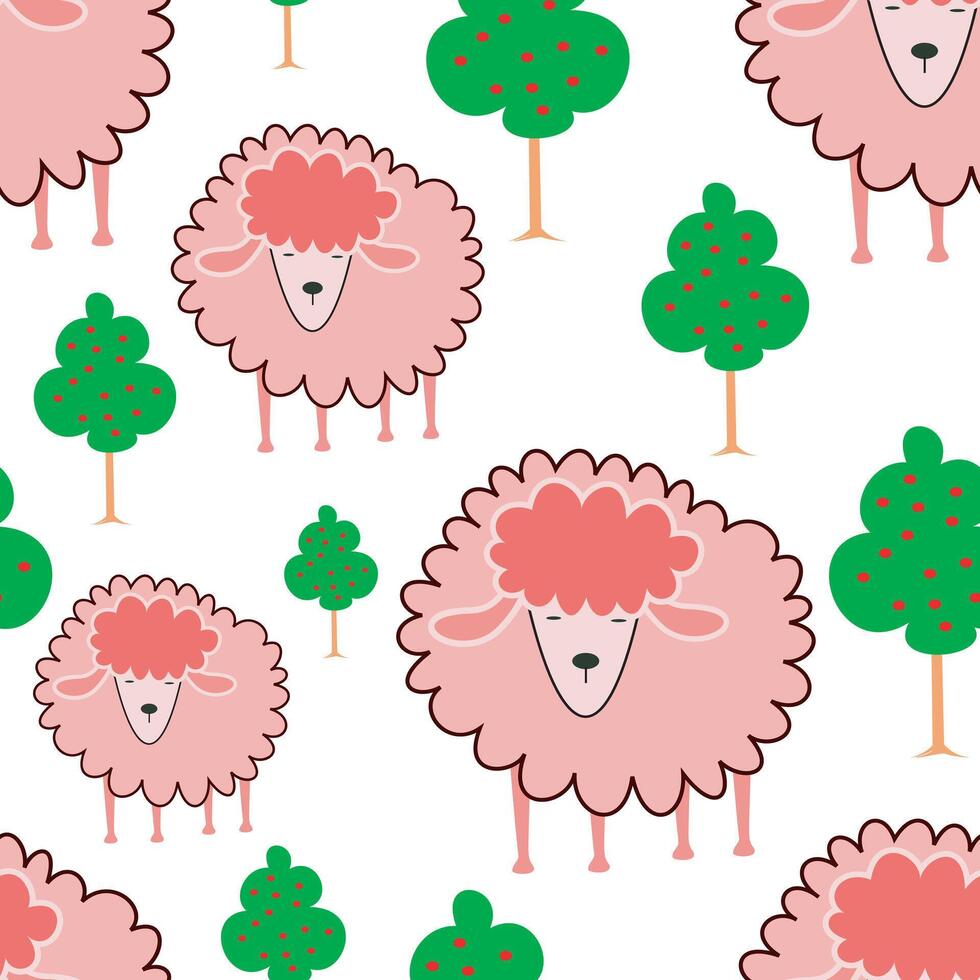 Seamless pattern with cute sheep and trees for fabric, textile, paper, wallpaper, wrapping or greeting card. vector