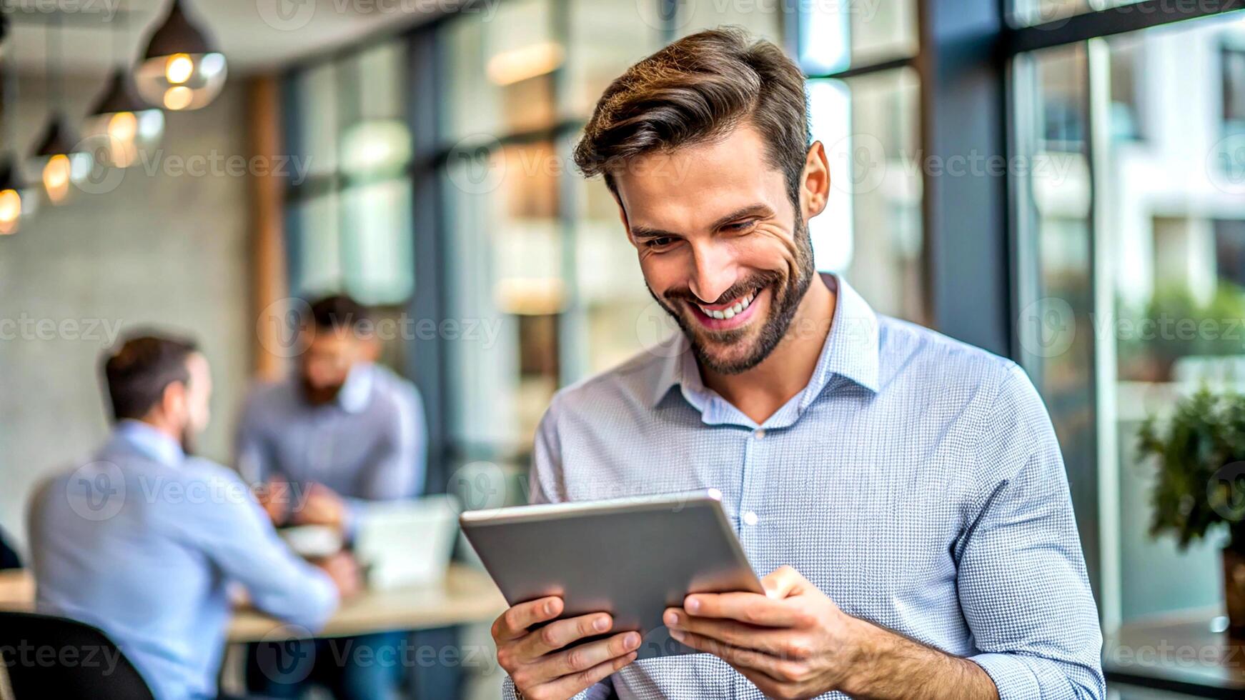 a man is smiling while using a tablet photo