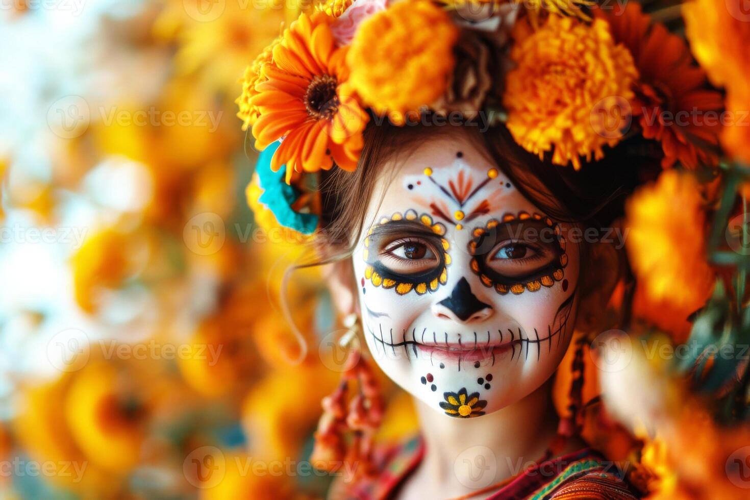 Girl with a simple yet elegant skull face painting, marigolds in her brown short hair, joyfully participating in Dia de los Muertos parade photo