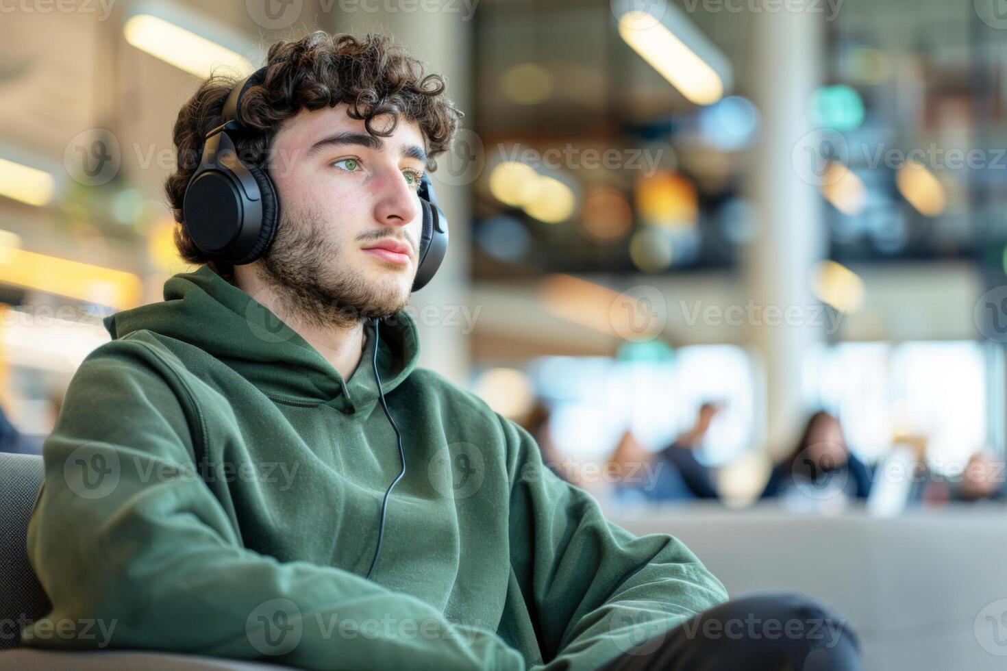 Young tired man wearing noise-cancelling headphones have a rest in a bustling office space wearing noise-cancelling headphones photo