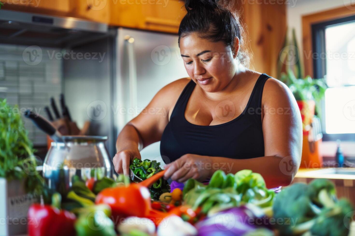 Woman chopping fresh vegetables on a kitchen counter, preparing a healthy meal with colorful ingredients and natural light. photo