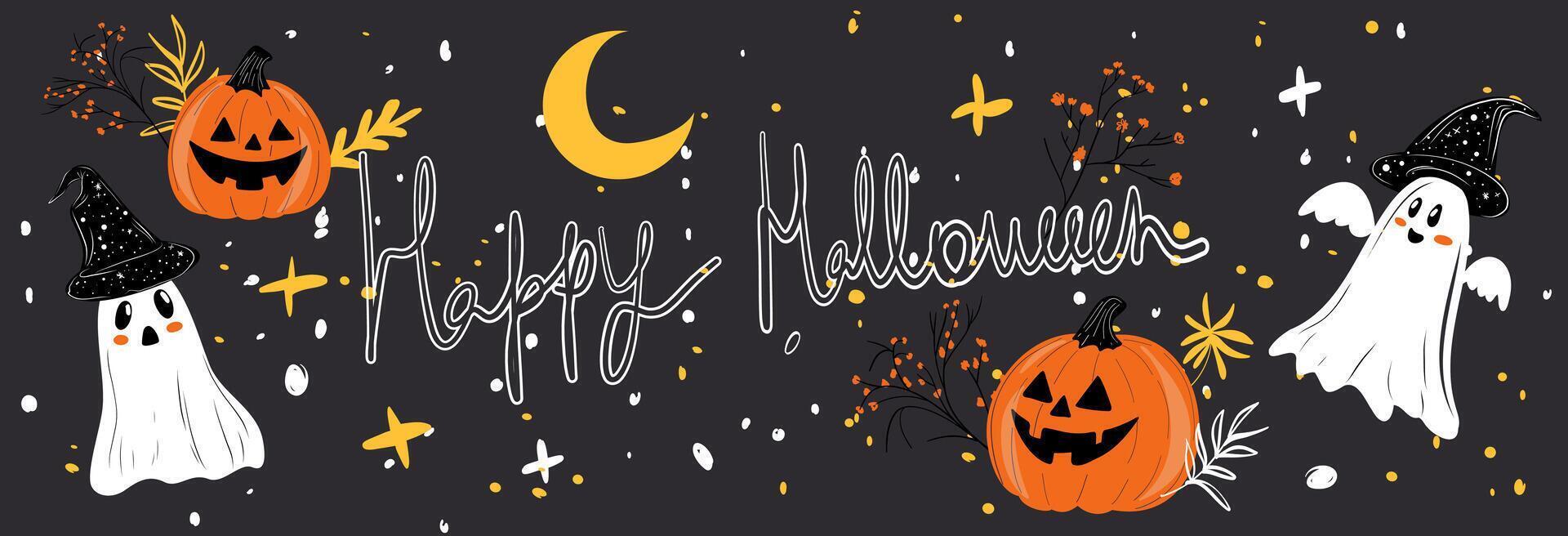 Banner of cute holiday elements with happy halloween doodle hand drawn lettering. Children's print for stickers, greeting cards and decor. Pumpkin, ghost in hat, stars on black background. vector