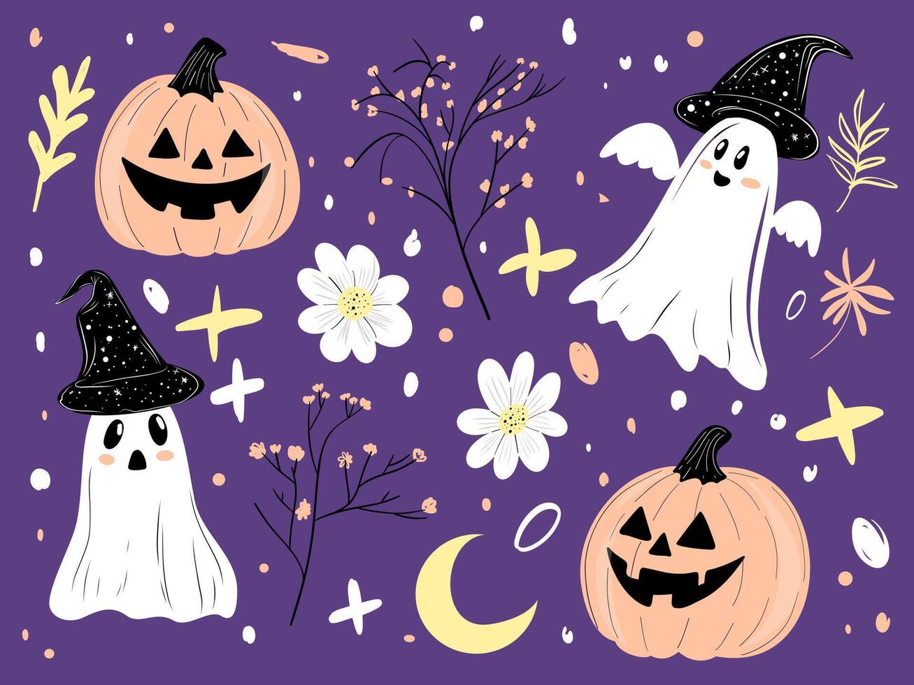 A set of cute hand drawn Halloween holiday elements. Children's print for stickers, greeting cards and decor. Pumpkin, ghost in hat, flowers on purple background. Simple flat style. vector