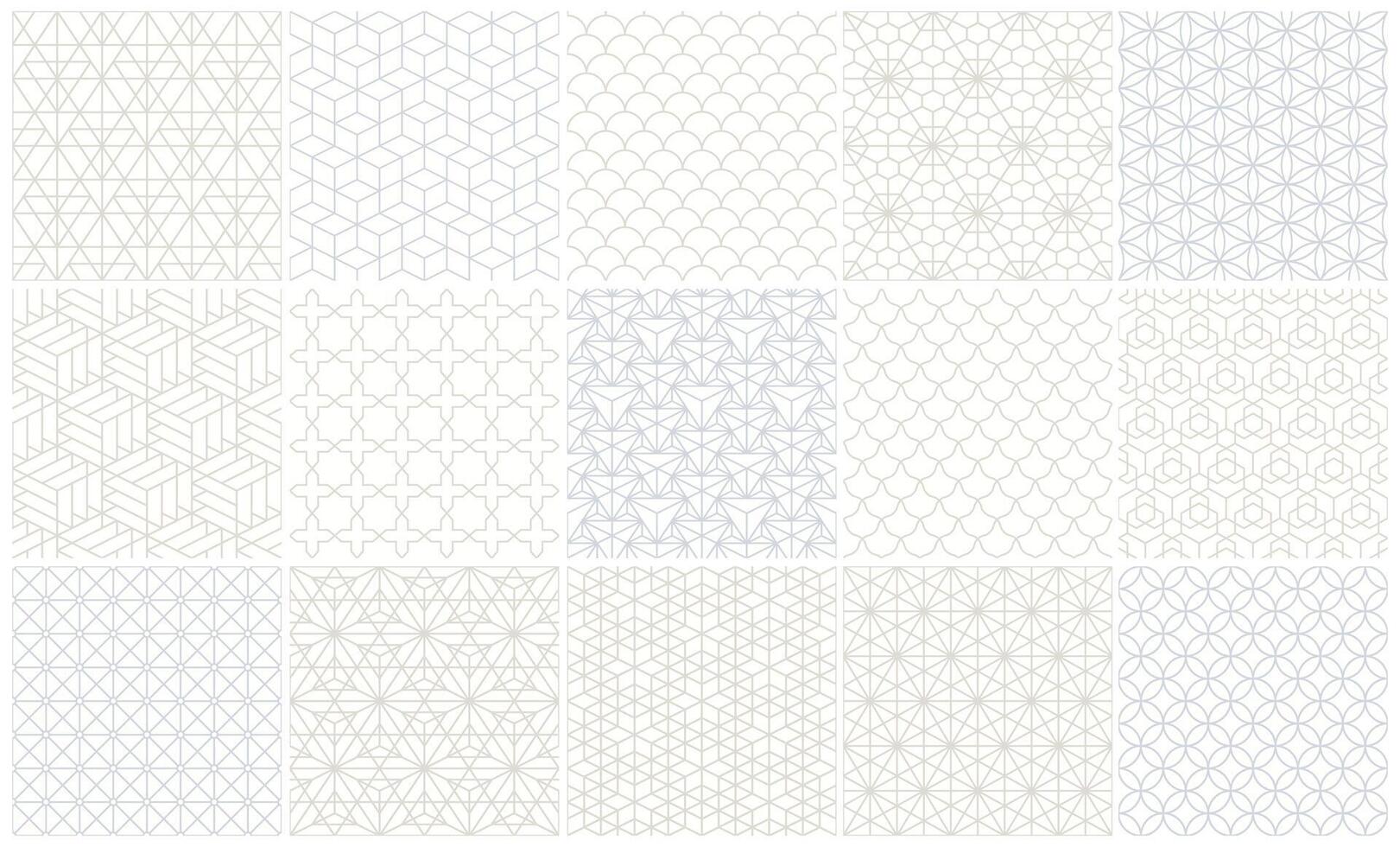 Collection of seamless ornamental patterns. Oriental structure monochrome backgrounds. Geometric tile mosaic design. Grid texture - decorative outline prints vector