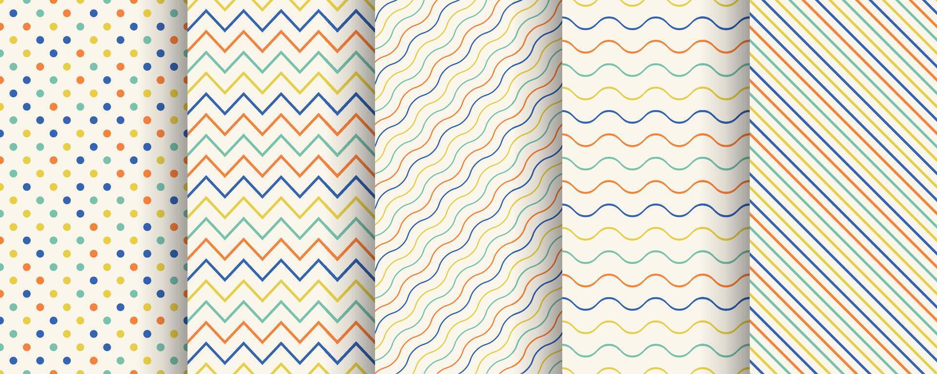 Collection of color geometric seamless minimalistic delicate patterns. Simple dotted and striped outline textures - repeatable cute unusual backgrounds vector