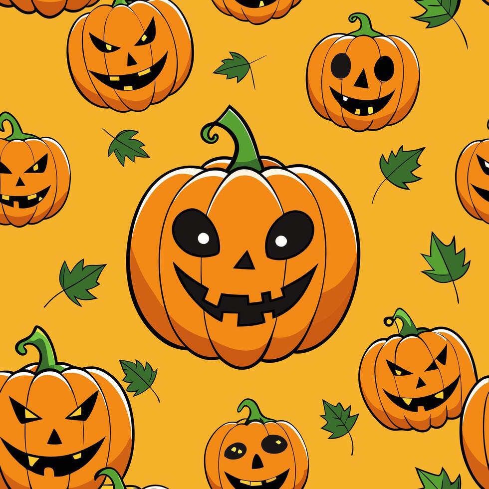 Halloween seamless pattern with pumpkins and leaves vector