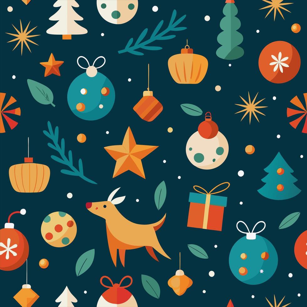 Christmas seamless pattern with deer, christmas tree, presents and balls vector