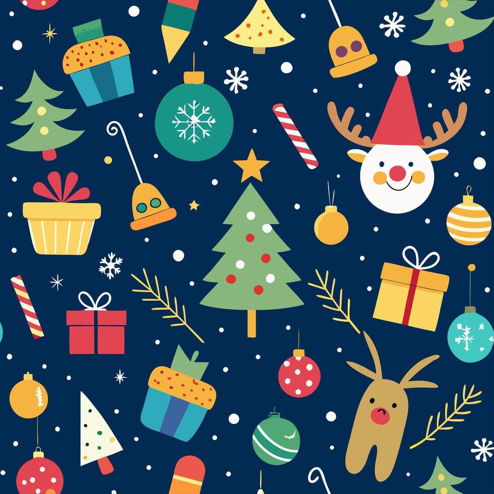 Christmas seamless pattern with reindeer, snowman, tree, gifts and presents vector