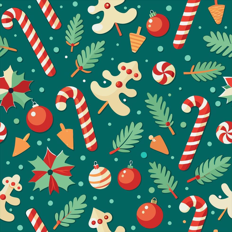 Christmas seamless pattern with candy canes, candy, and other items vector