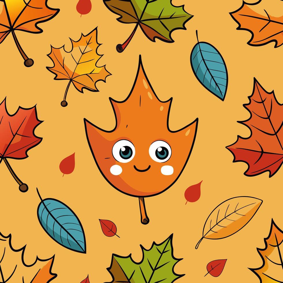 Autumn leaves seamless pattern with cartoon face and leaves vector