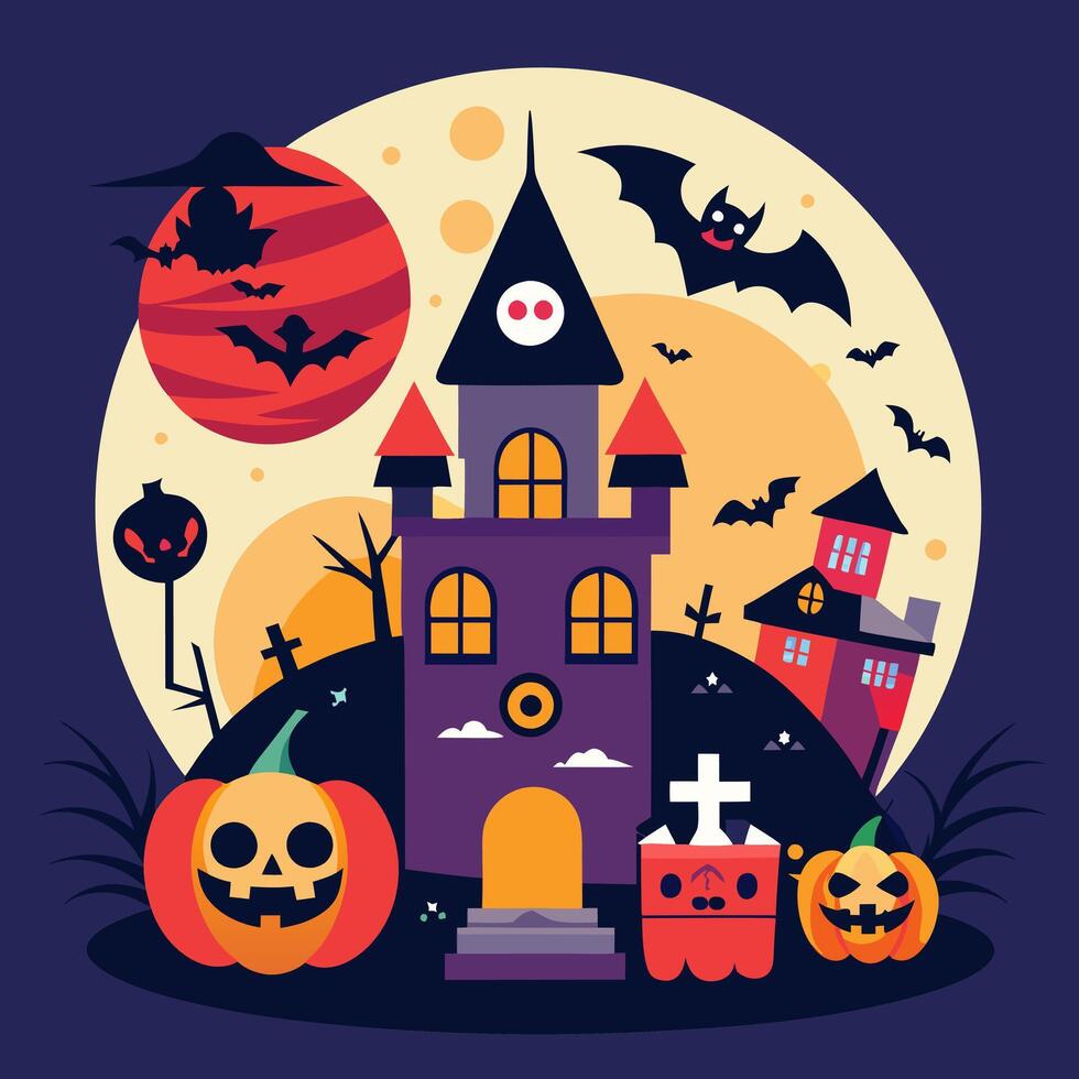 Halloween illustration with castle, pumpkins, bats and bats vector
