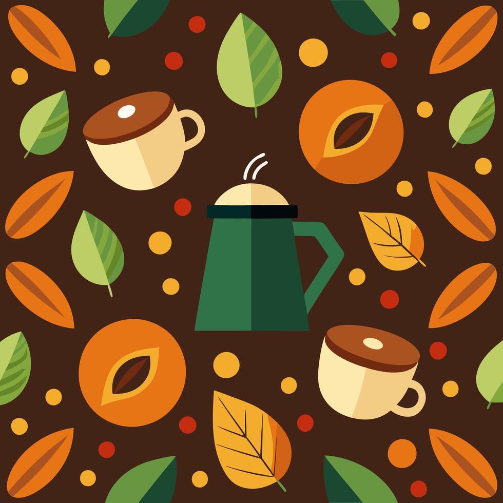 Coffee and leaves pattern with a coffee pot and leaves vector
