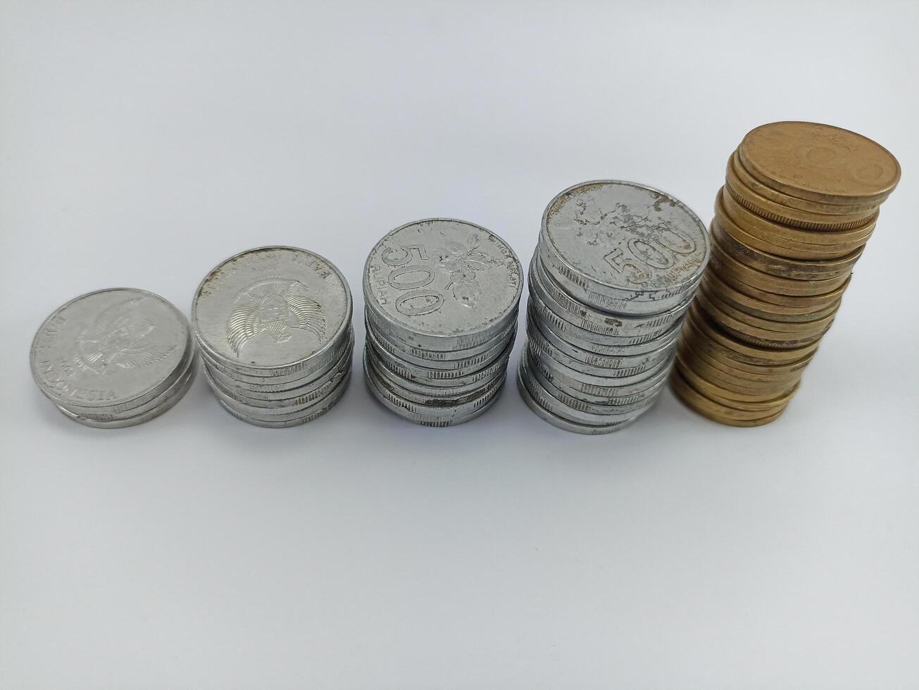 Wonosobo, Central Java Indonesia - August 9 2024 Stacks of coins become a graphic on a white background. Concept of economic growth, business success. Indonesian Rupiah currency photo