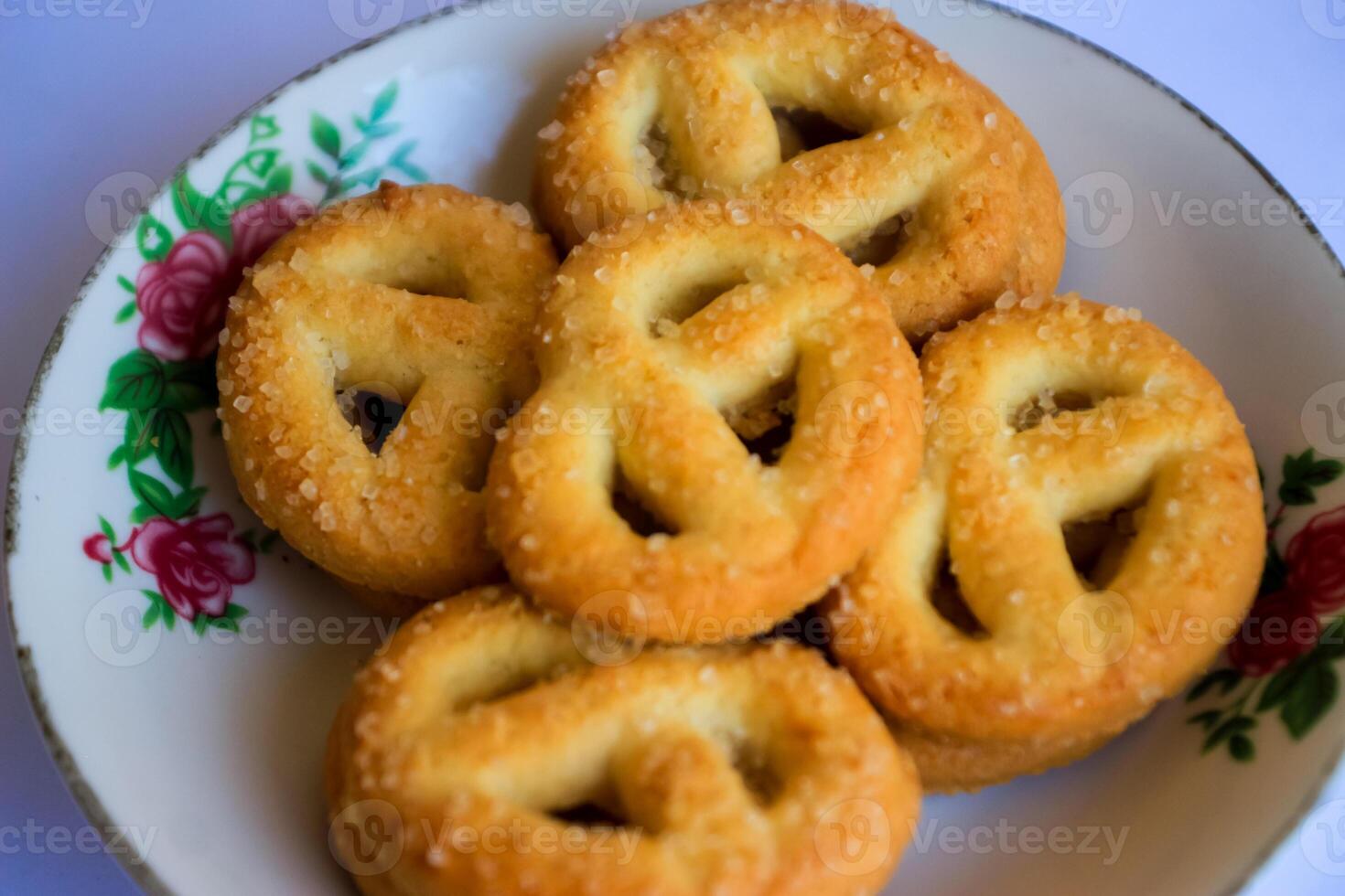Danish butter cookies, Close up of butter cookies coated with white sugar, sweet cookies photo