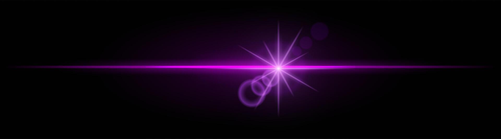 Purple neon stripes or light flash with star. Laser beams, horizontal beams. Beautiful light reflections. Glowing stripes on a black background. vector