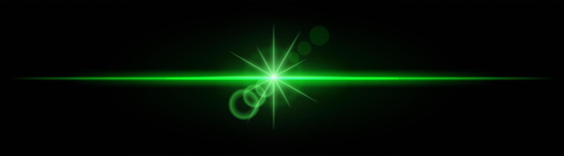 Green neon stripes or light flash with star. Laser beams, horizontal beams. Beautiful light reflections. Glowing stripes on a black background. vector