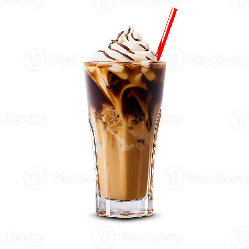 Iced coffee with cream swirl ice cubes and chocolate shavings tan liquid and straw served png