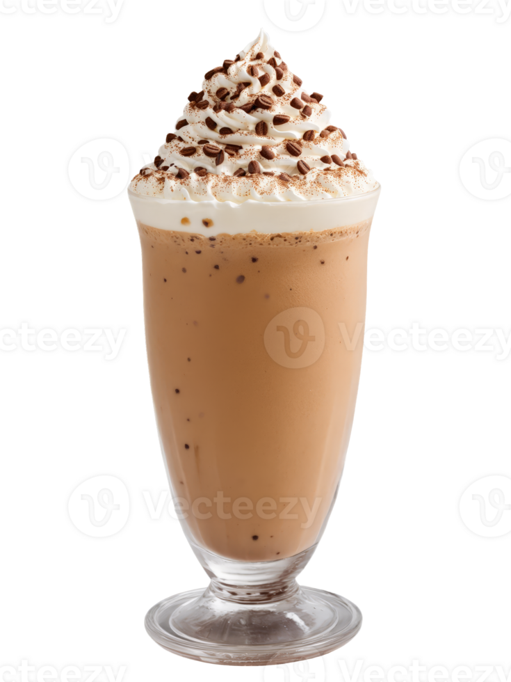Greek Frappe in tall glass topped with foam and sprinkle of cocoa powder png