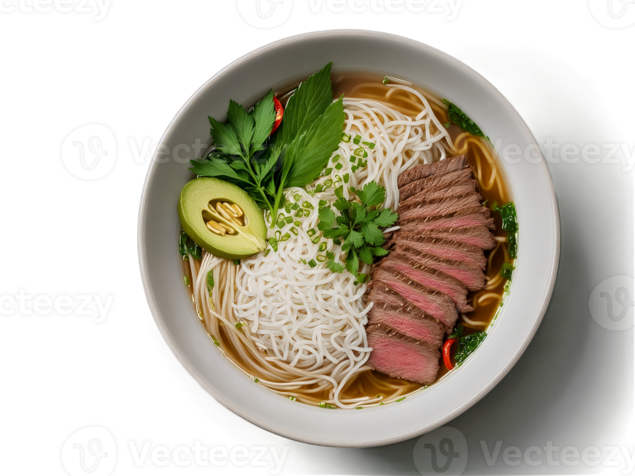 Pho bowl with rice noodles beef and herbs in fragrant broth on clean dark surface png