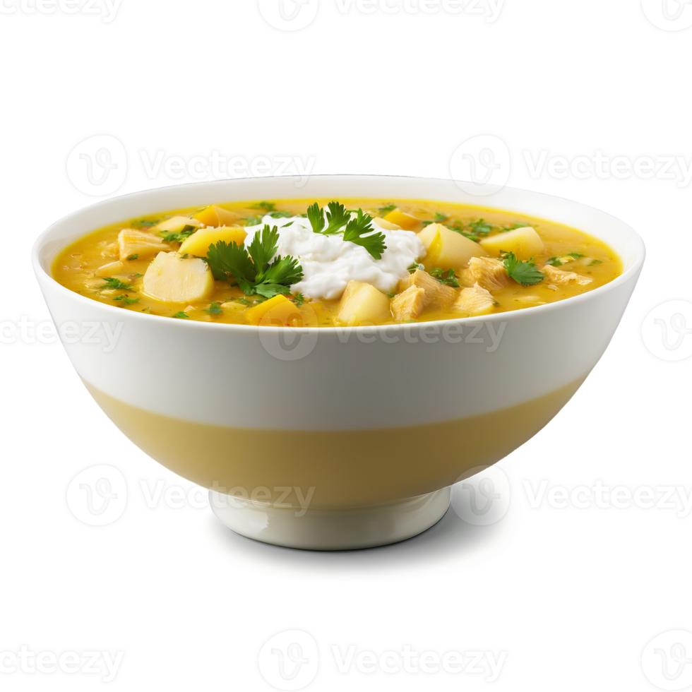 Mulligatawny soup an Indian inspired soup with a curried chicken broth diced apples and rice png