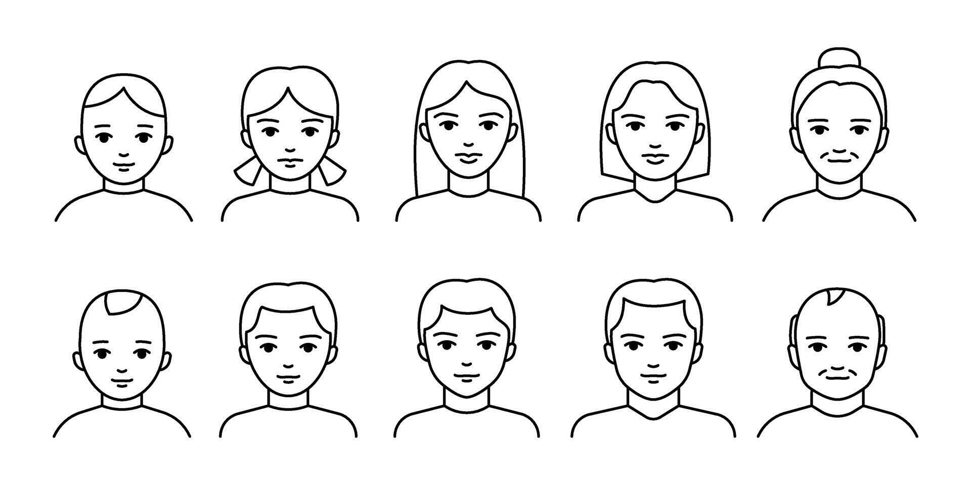 Age from birth of child to old senior of woman, life cycles, line icon. Childhood, human growing up and aging. Child, adult and elder person. outline illustration vector