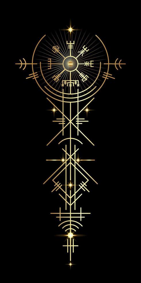 Gold Vegvisir navigation compass ancient. Old Magic sign viking art deco. The Vikings used many symbols in accordance to Norse mythology, widely used in Viking society. Esoteric Wiccan Logo icon vector