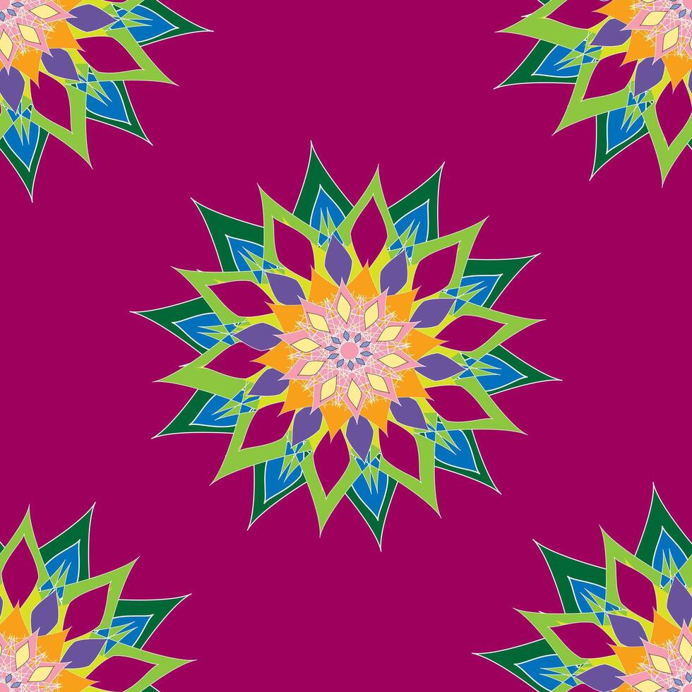 Seamless pattern with flowers, stars, multicolored, red background, mandala. vector