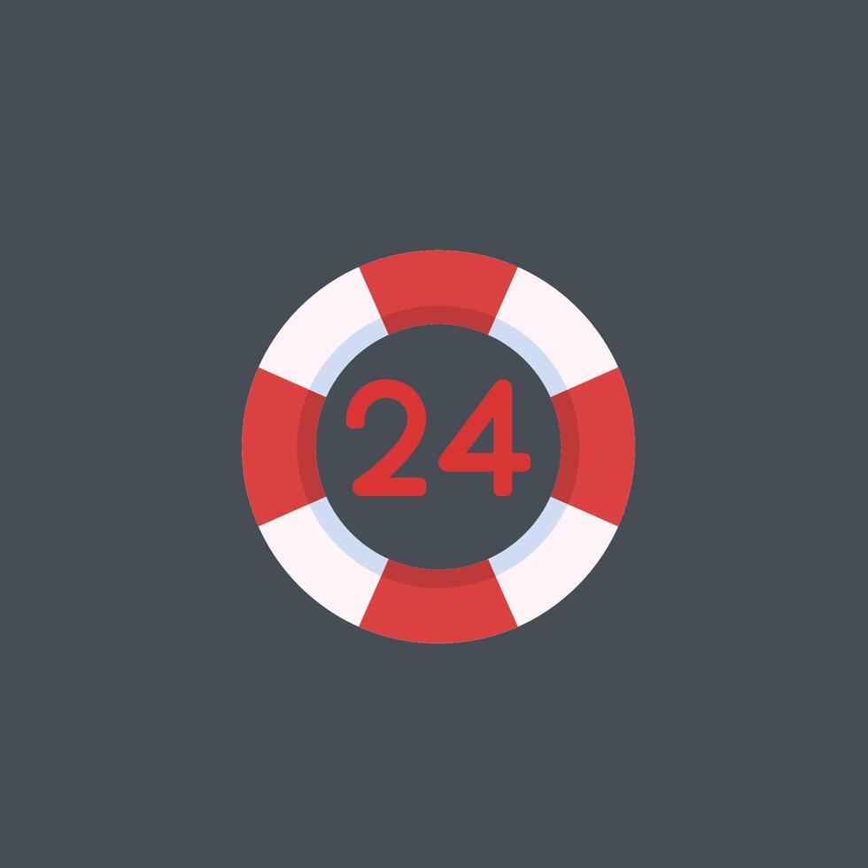 24 hour in ring life buoy in flat design. vector