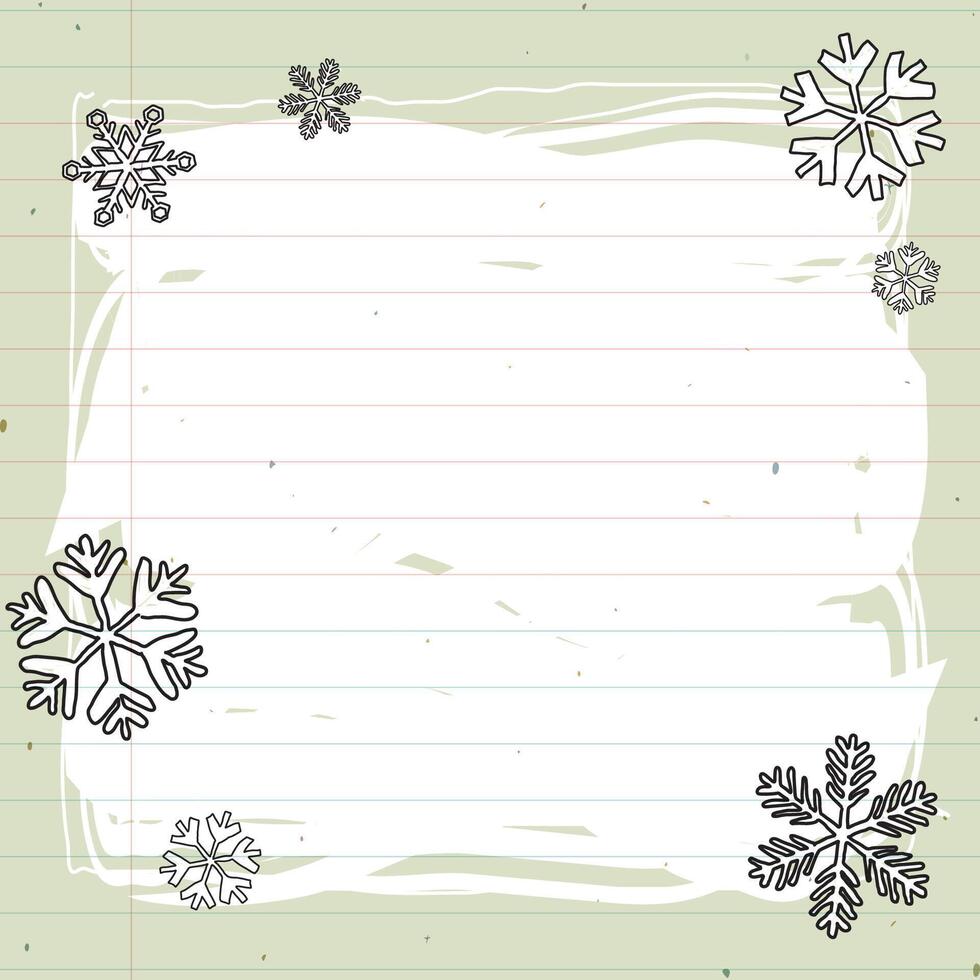 Snowflake around white blank frame hand drawn childish style on notebook paper light green background graphic illustration. Merry Christmas and Happy New Year greeting card square template. vector