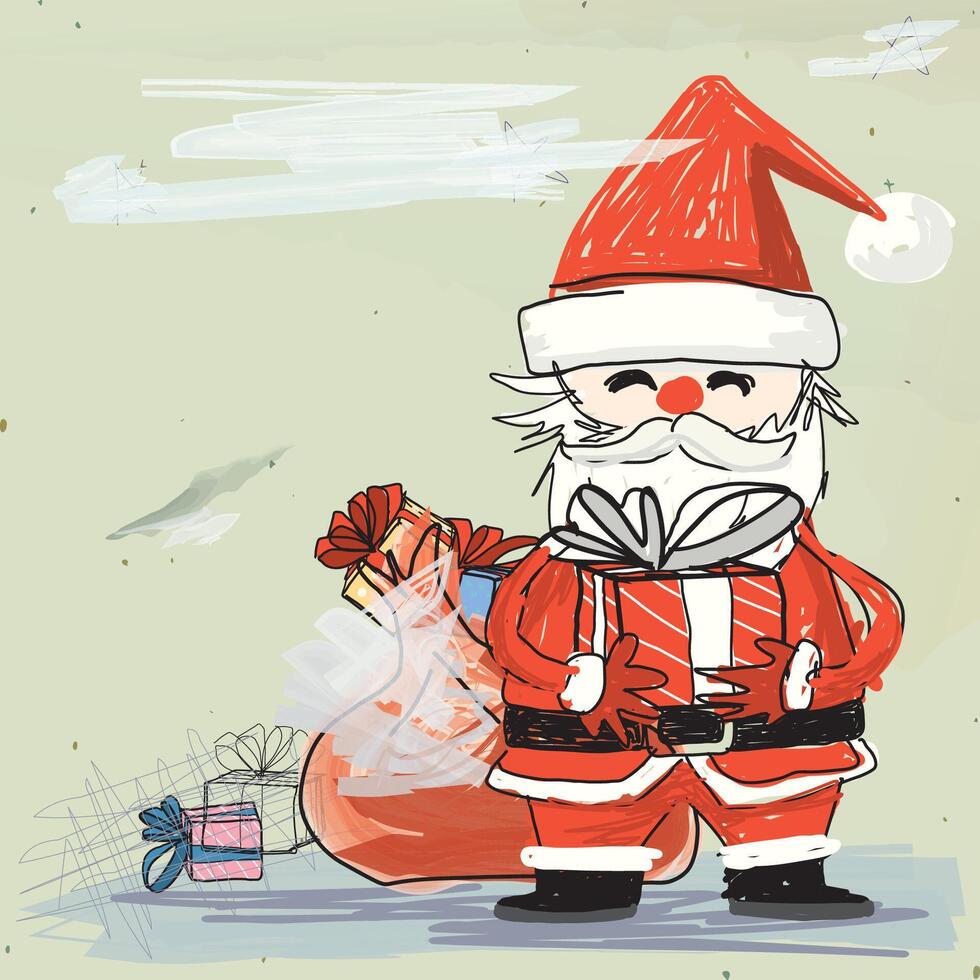 Santa Claus with gifts hand drawn childish style on green background graphic illustration. Merry Christmas greeting card square template. vector