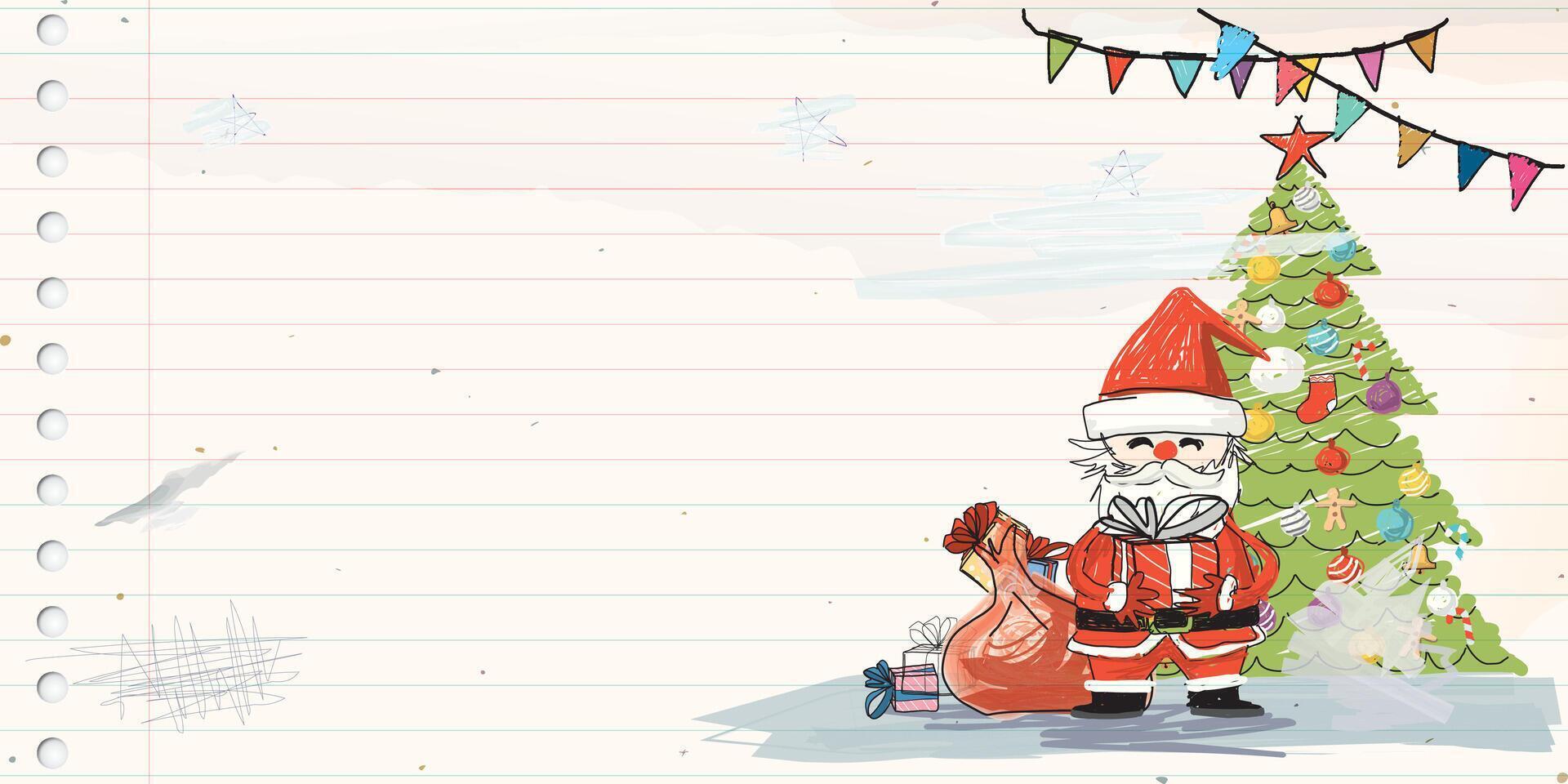 Santa Claus with gifts bag and Christmas tree hand drawn childish style on old notebook paper graphic illustration have blank space. Merry Christmas and Happy New Year greeting card template. vector