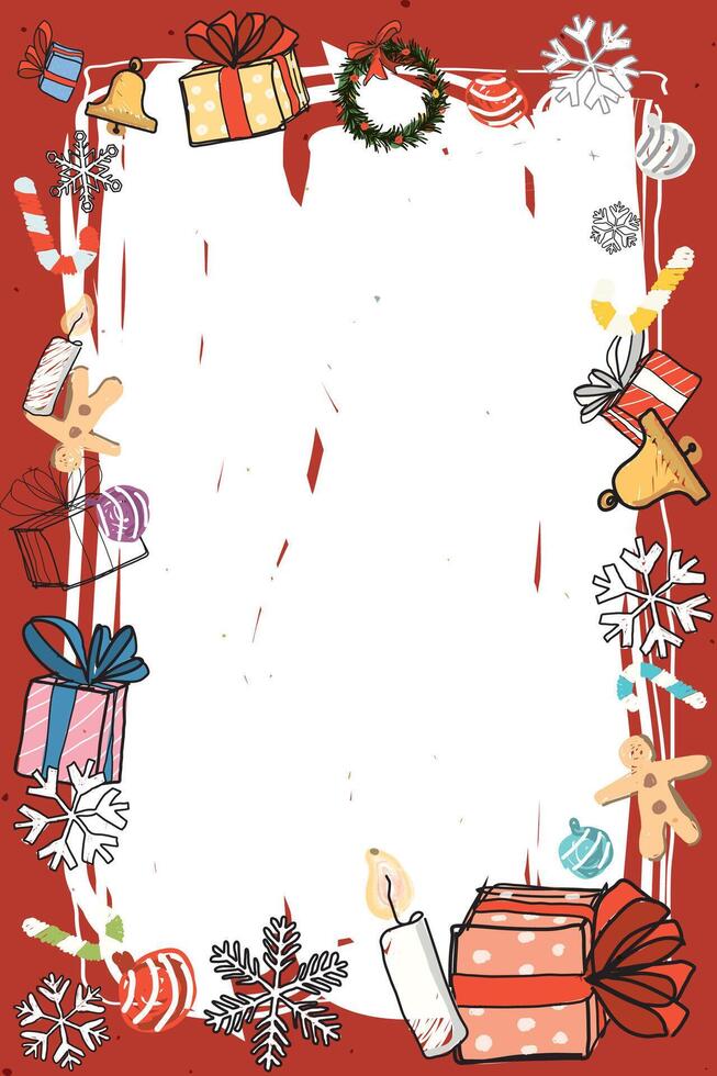 Christmas elements around white blank frame hand drawn childish style on red background graphic illustration. Merry Christmas and Happy New Year greeting card vertical template. vector