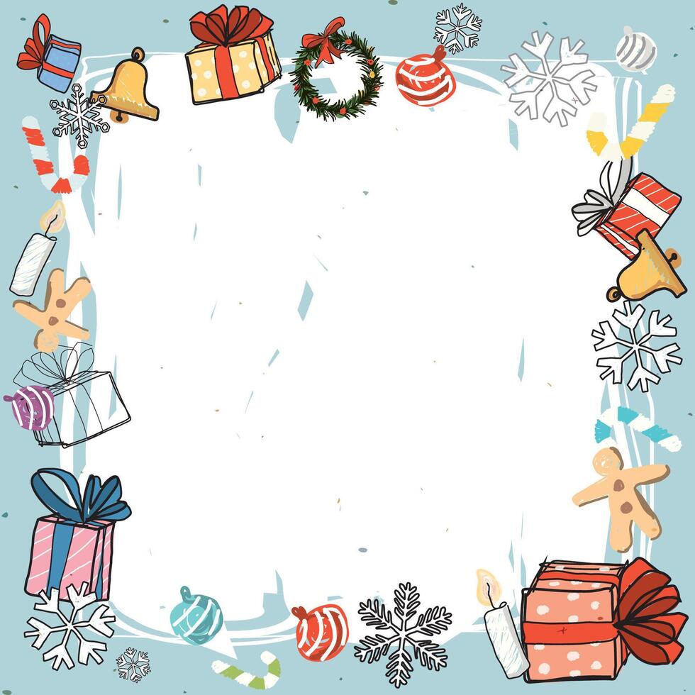 Christmas elements around white blank frame hand drawn childish style on light blue background graphic illustration. Merry Christmas and Happy New Year greeting card square template. vector