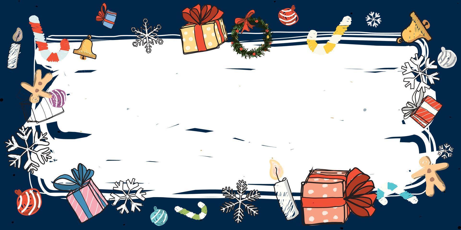 Christmas elements around white blank frame hand drawn childish style on navy blue background graphic illustration. Merry Christmas and Happy New Year greeting card template. vector
