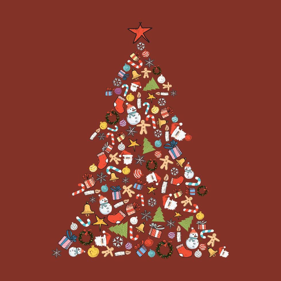 Christmas tree made from Christmas elements hand drawn childish style on red background graphic illustration. Merry Christmas greeting card square template. vector