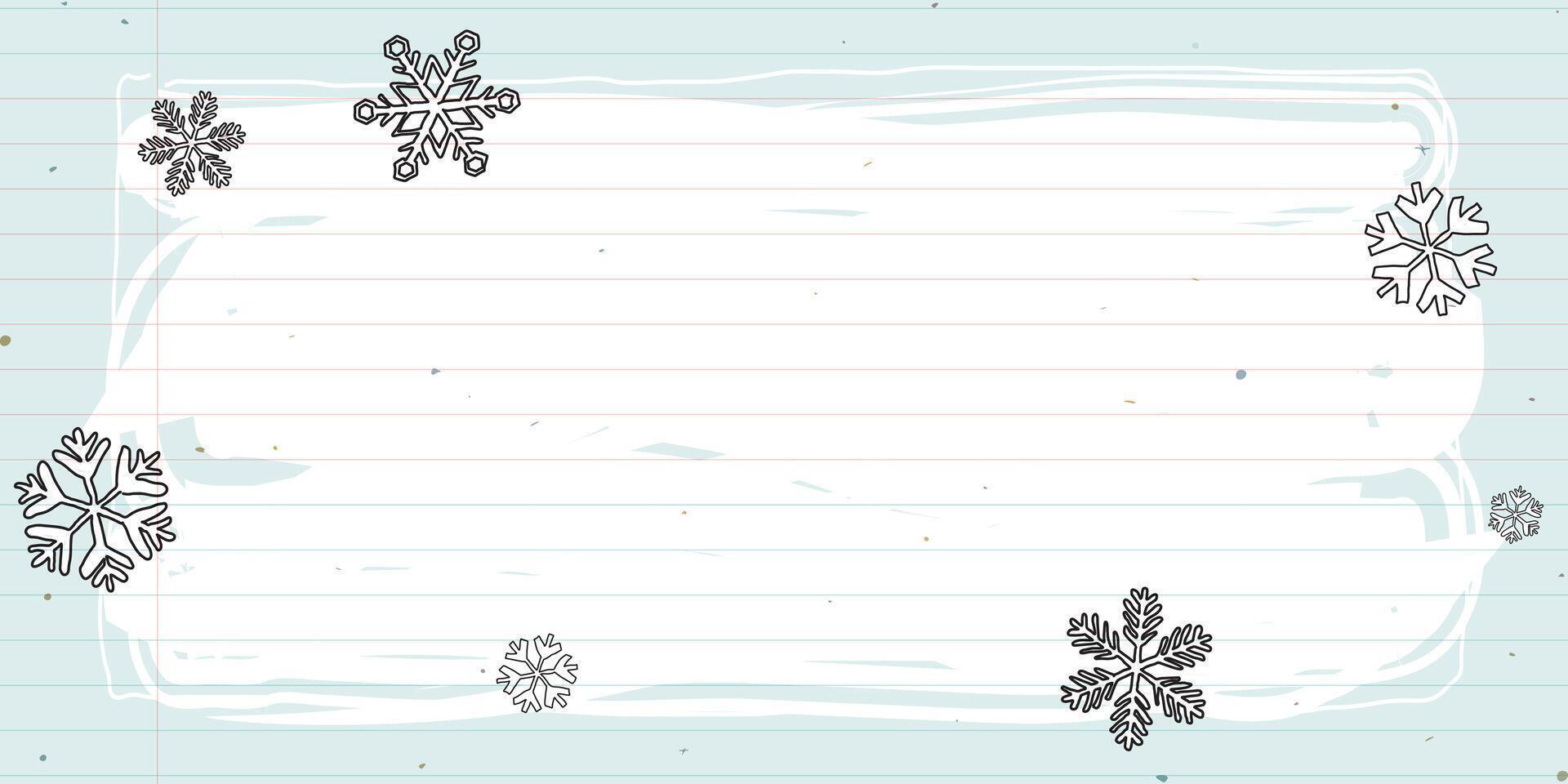 Snowflake around white blank frame hand drawn childish style on notebook paper light blue background graphic illustration. Merry Christmas and Happy New Year greeting card template. vector